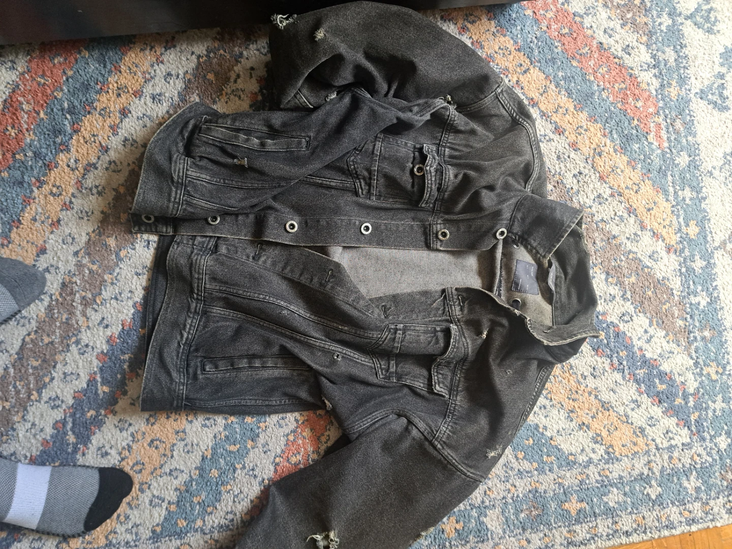 Washed Black Denim Jacket with Lace-Up Sides