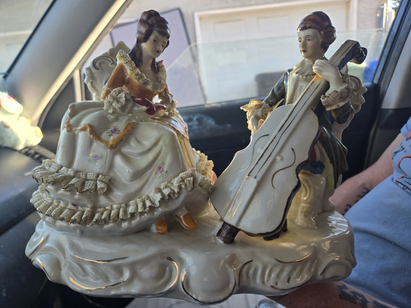 Dresden Porcelain Lace  Victorian Couple Playing Piano & Cell