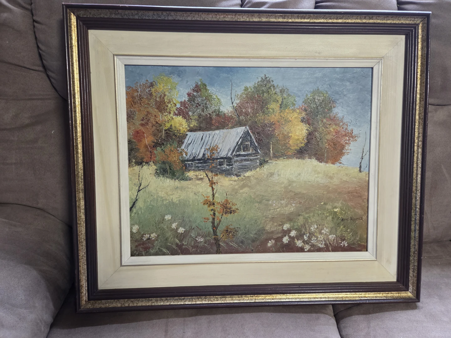 Anne Reimer Autumn Cabin Painting 24x20 Inch