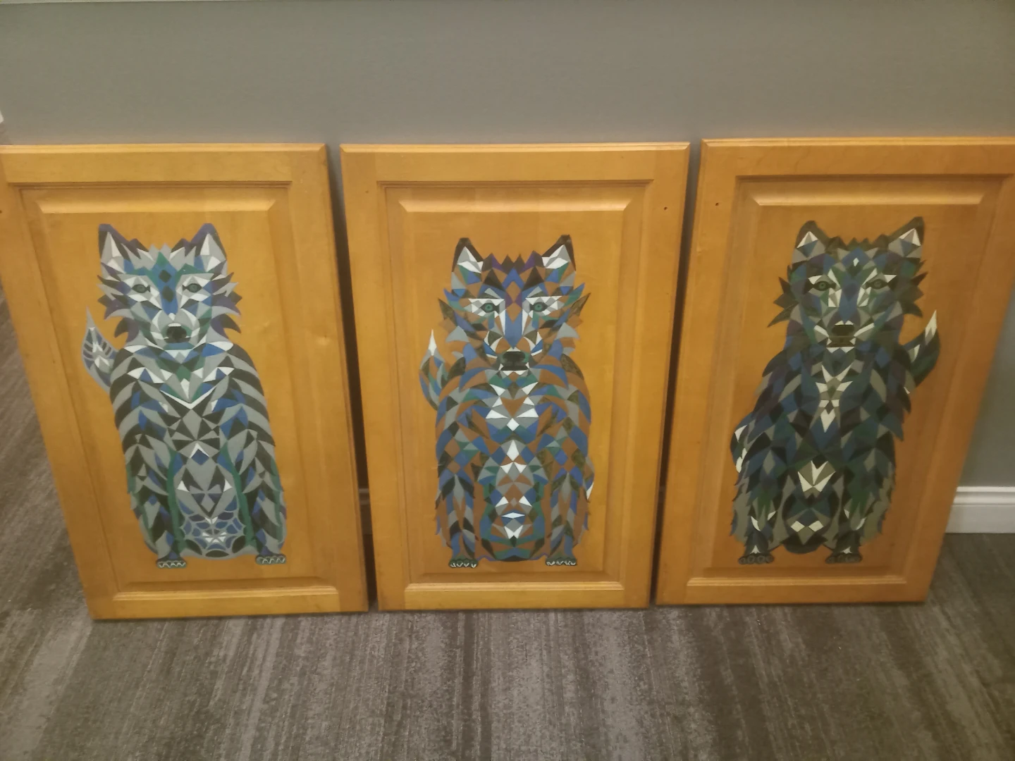 Set of 3 Cabinet Doors with Wolf Art