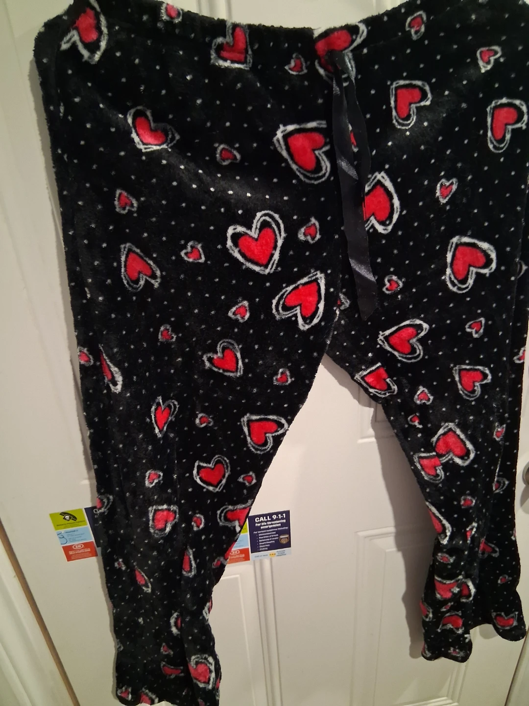 Black Fleece Pajama Pants with Red Hearts