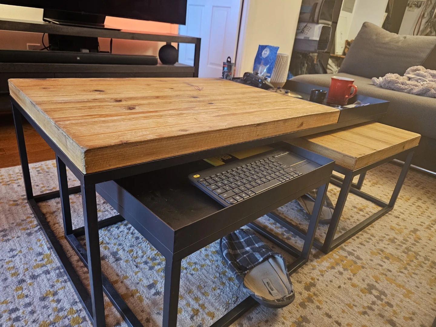 Wooden Top Nesting Coffee Tables with Black Metal Frame