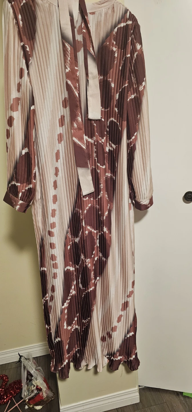 Pleated Print Long Sleeve Maxi Dress with Bow Necktie - photo 3