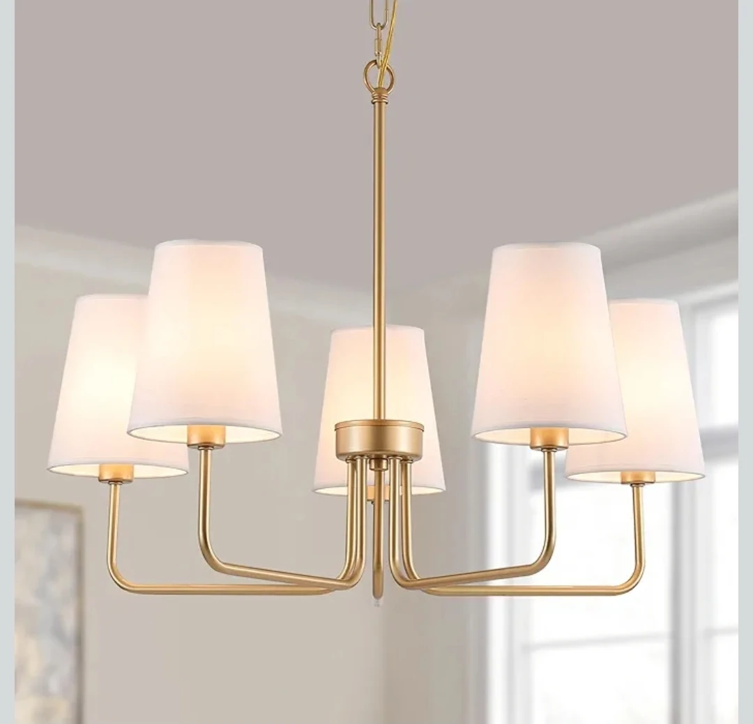 5-Light Gold Chandelier with White Fabric Shades