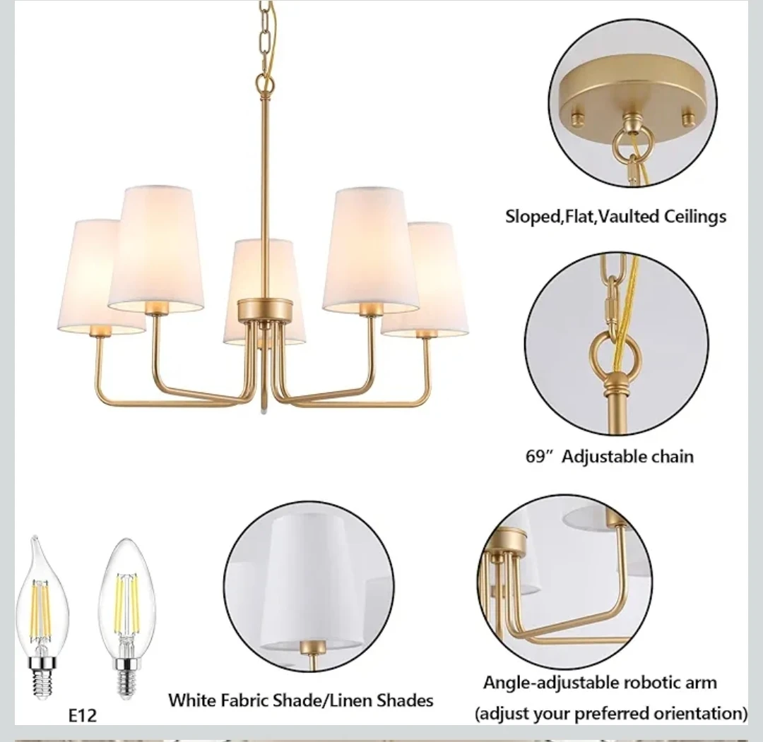 5-Light Gold Chandelier with White Fabric Shades - photo 3