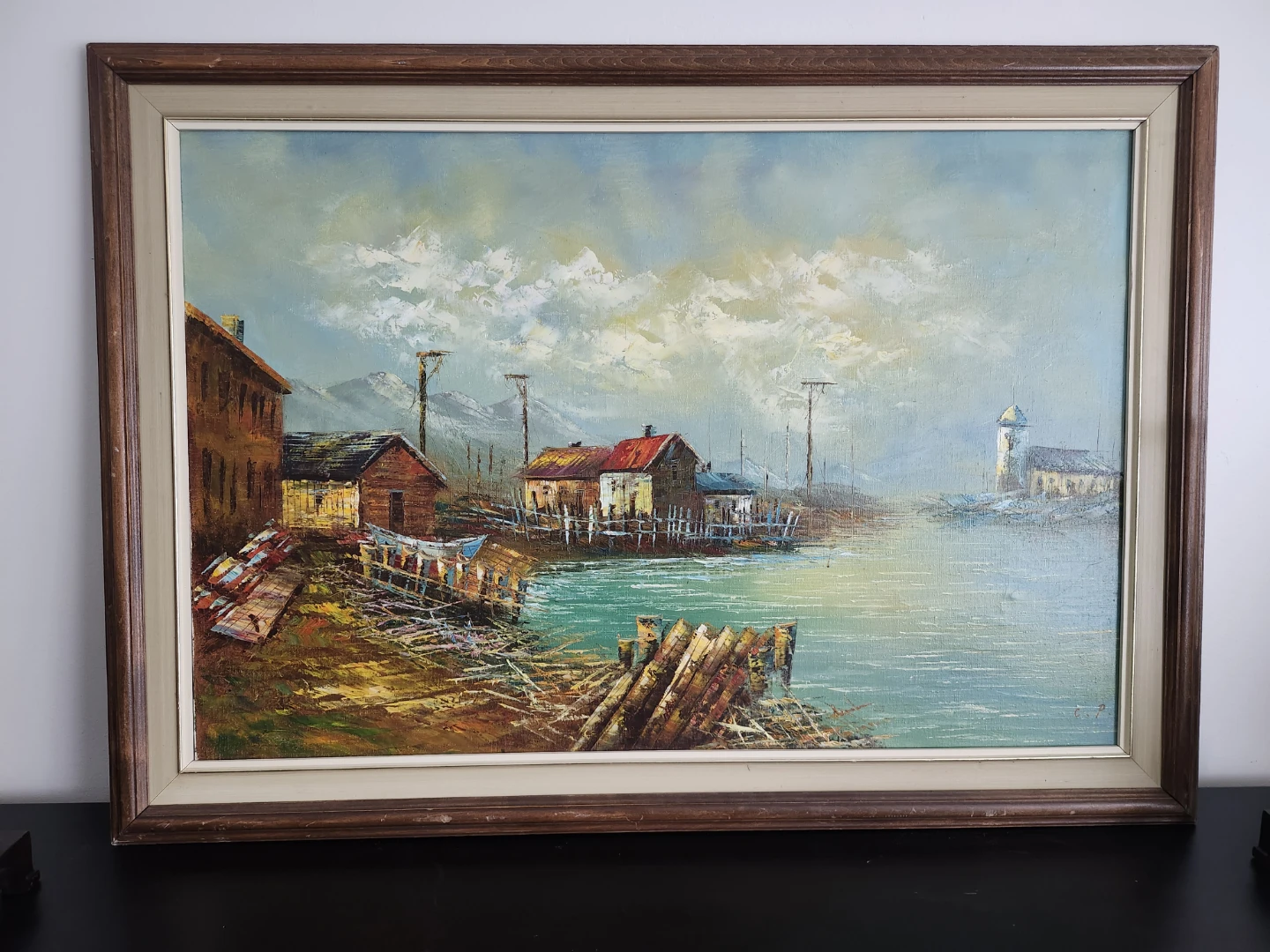 Framed Oil Painting of Coastal Village Scene