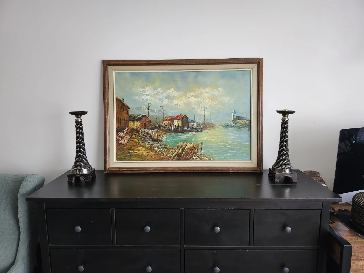 Framed Oil Painting of Coastal Village Scene - photo 2