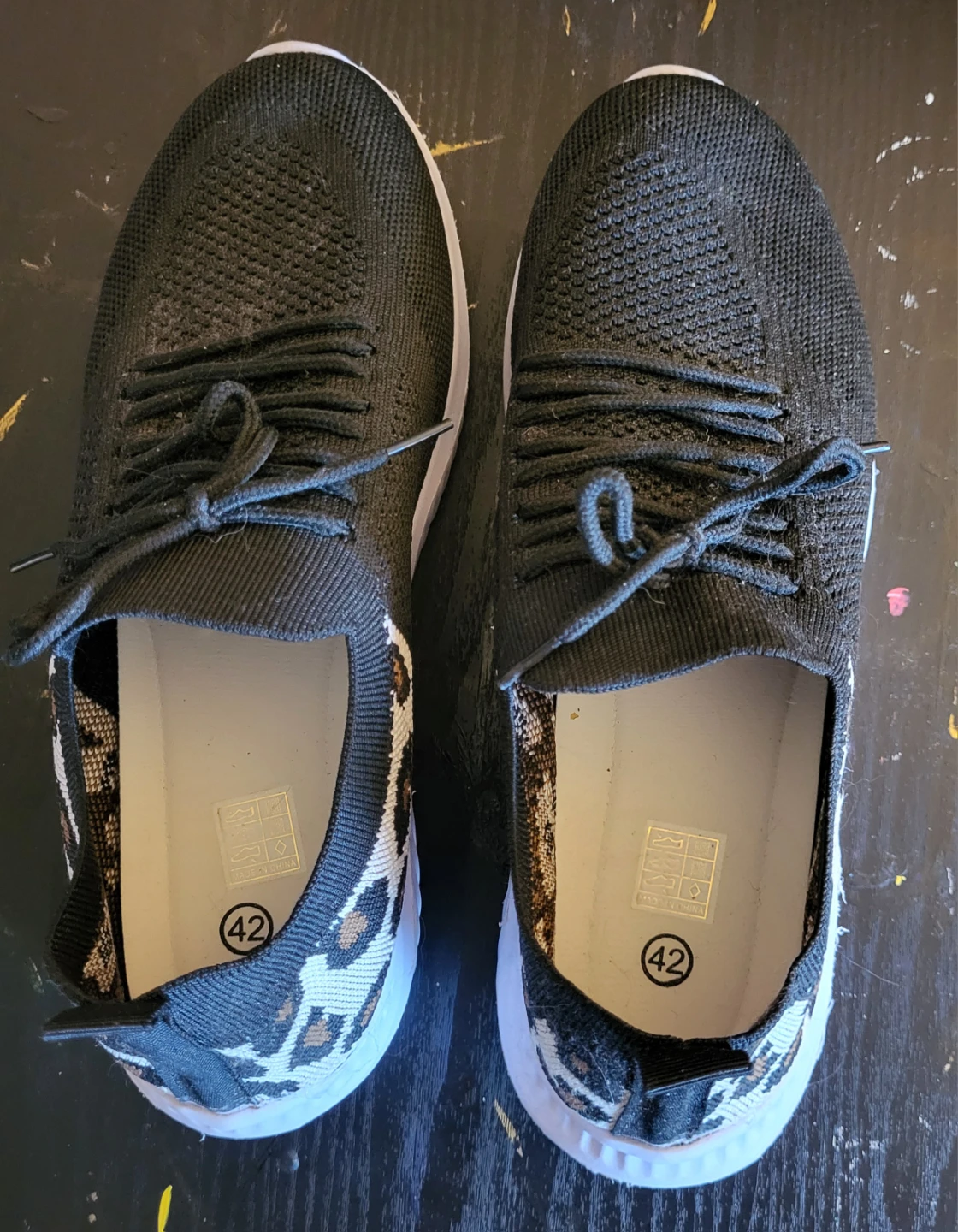Women's Black Leopard Print Knit Sneakers Size 42