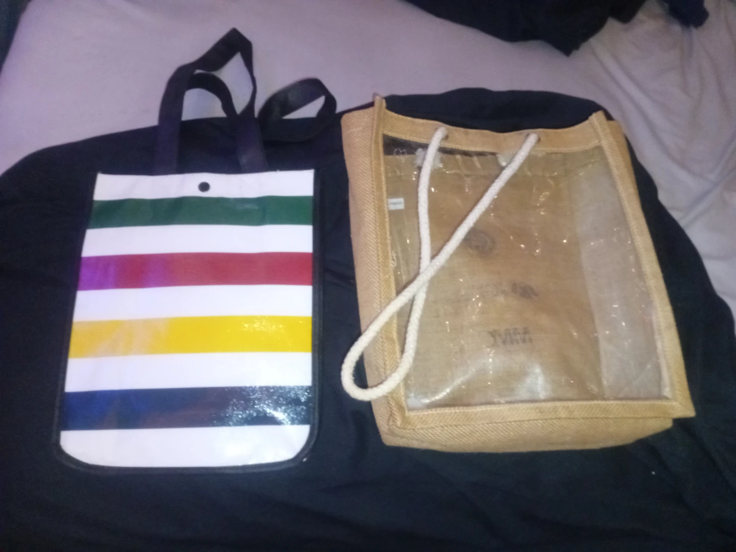 Striped tote bag and clear jute bag