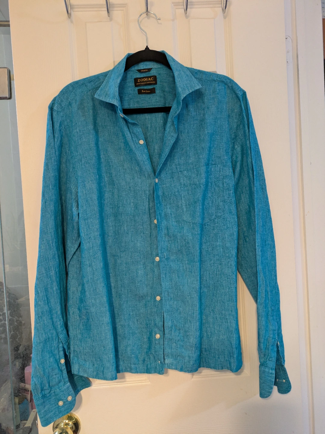 Zodiac Men's Teal Pure Linen Tailored Fit Long Sleeve Shirt