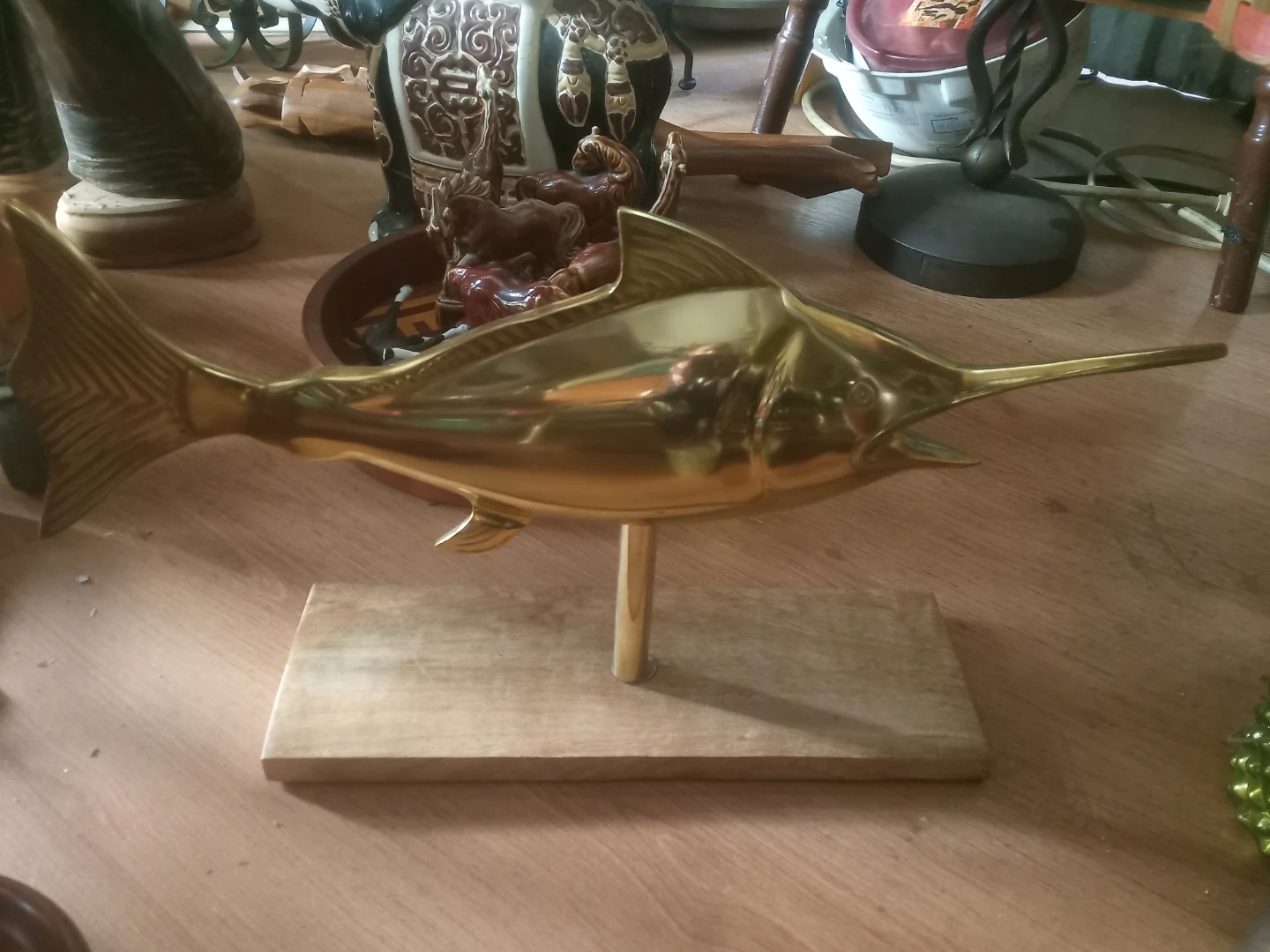 Brass Marlin Sculpture on Wooden Base
