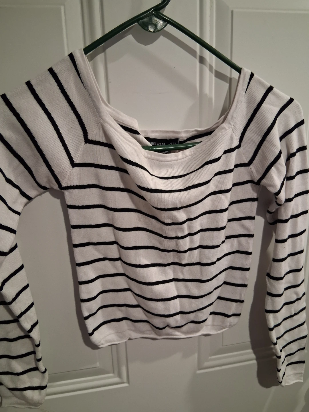 White and Black Striped Long Sleeve Sweater