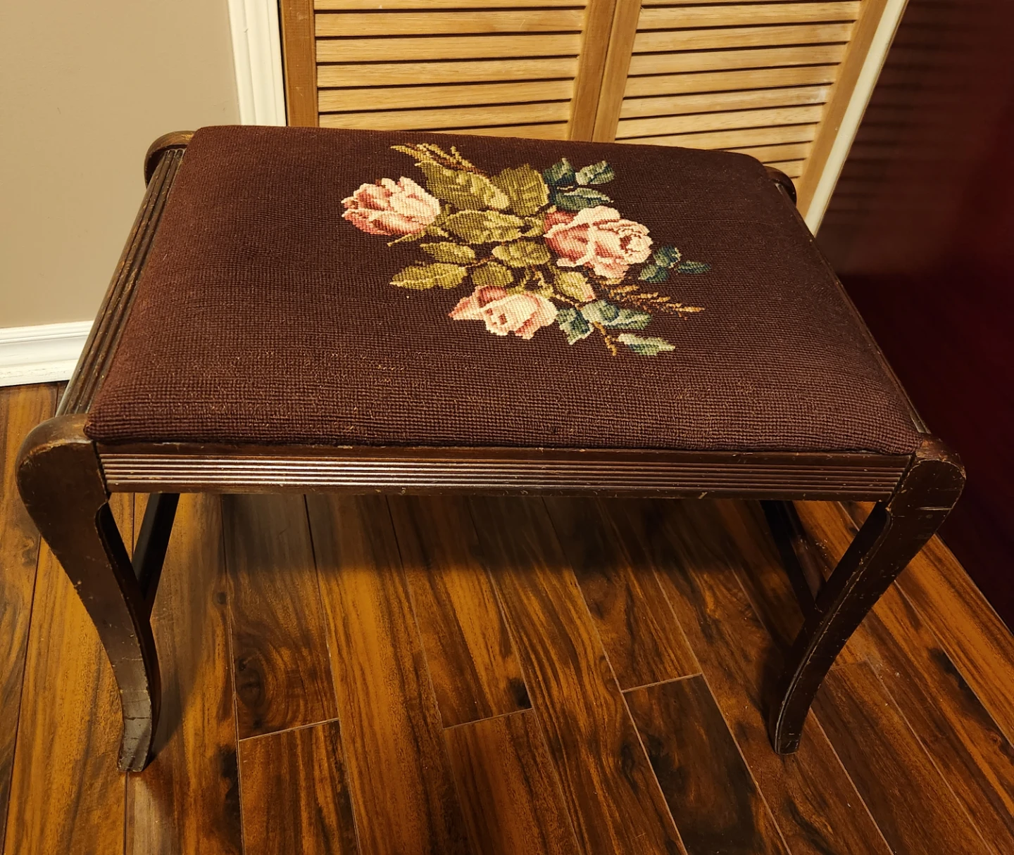 Vintage Needlepoint Footstool with Floral Design