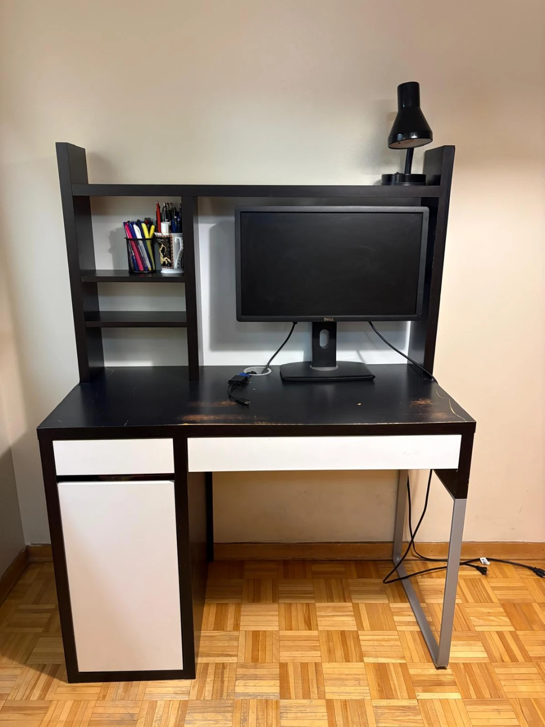 Black and White Desk with Hutch and Shelving