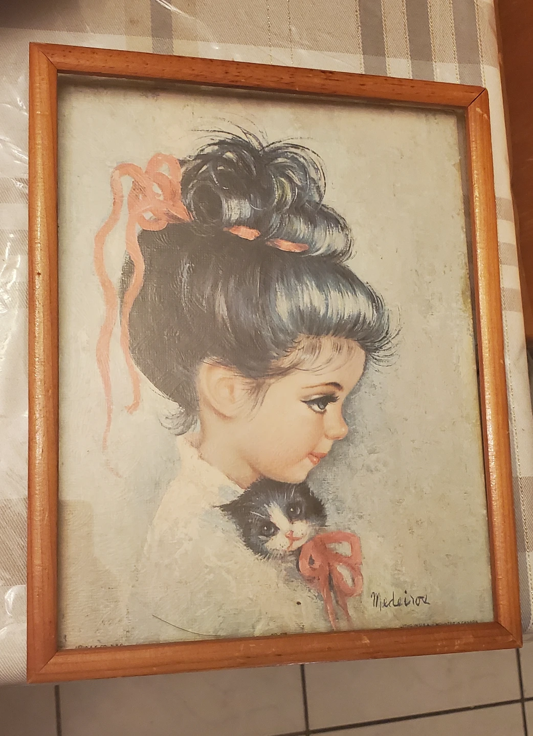 Vintage Painting of Girl with Kitten by Medeiros