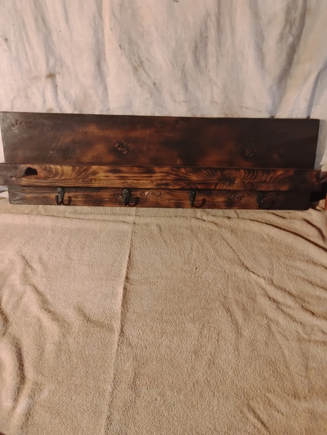 Rustic Wood Wall Shelf with 4 Hooks