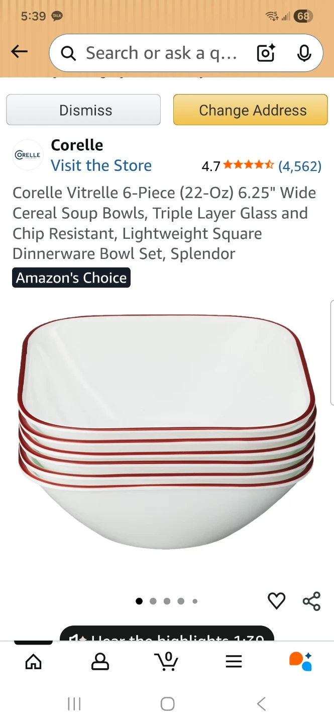 5 ea Corelle 22oz Square Glass Cereal/Soup Bowl