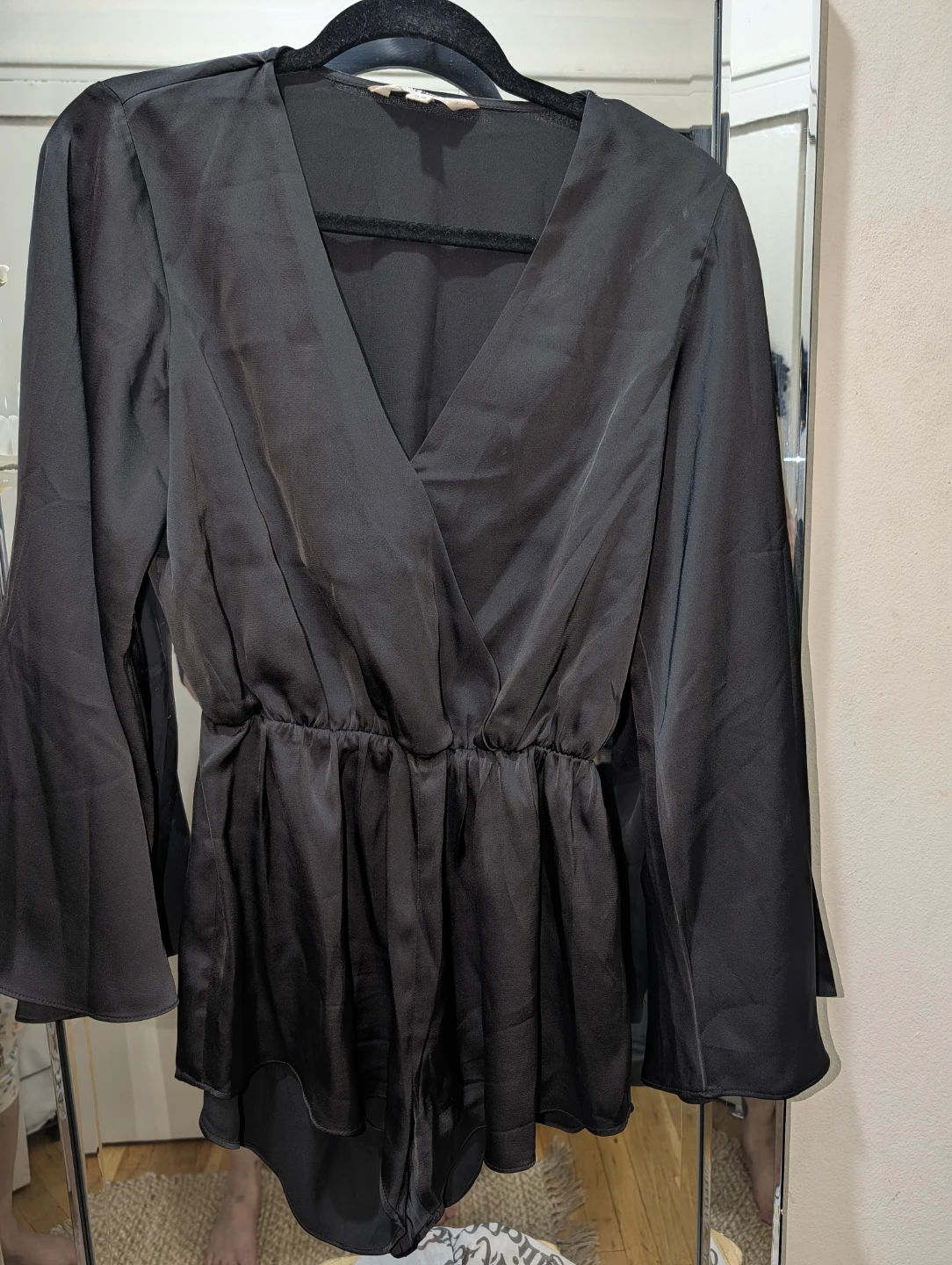Black Satin Romper with Bell Sleeves