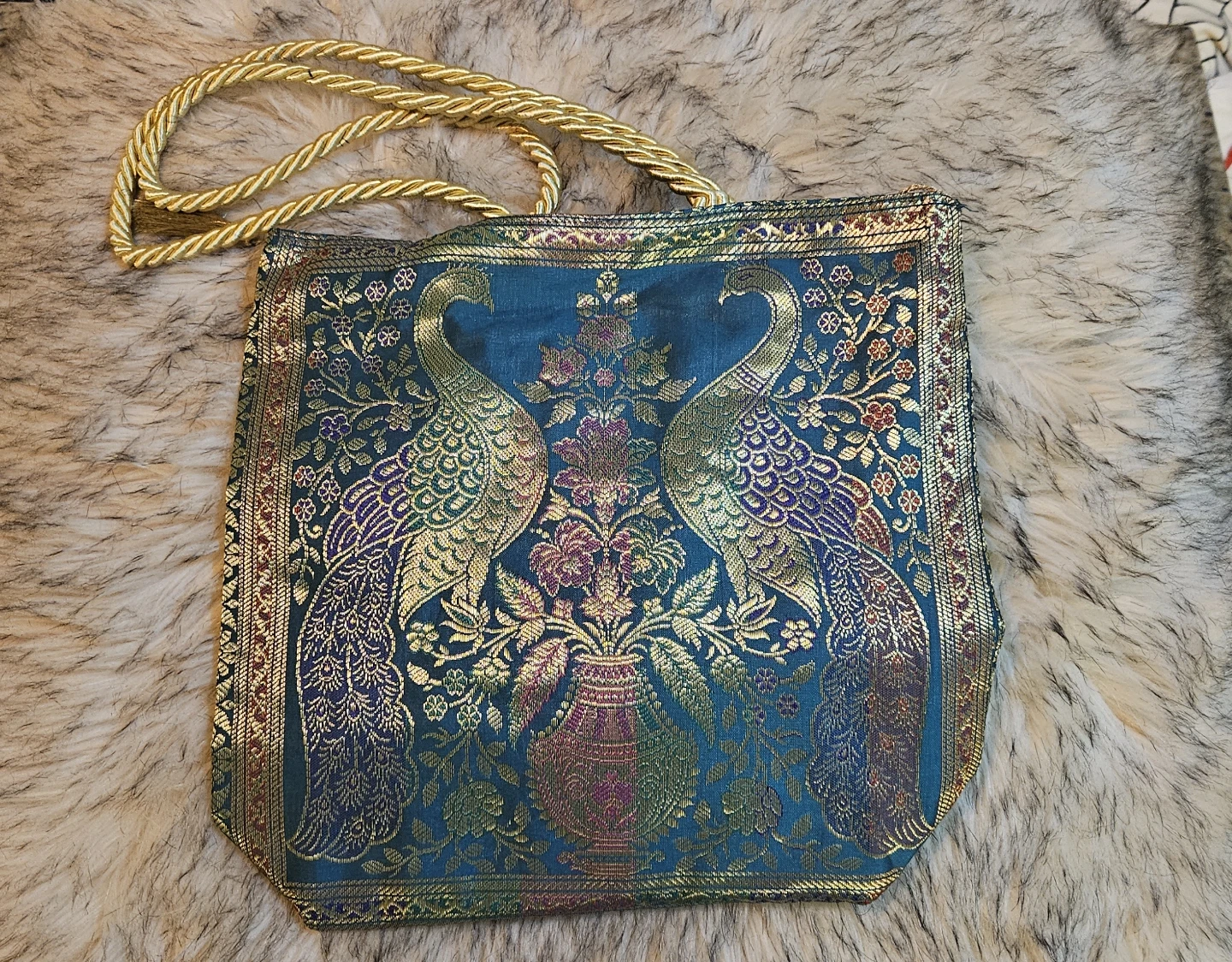 Teal Peacock Brocade Tote Bag