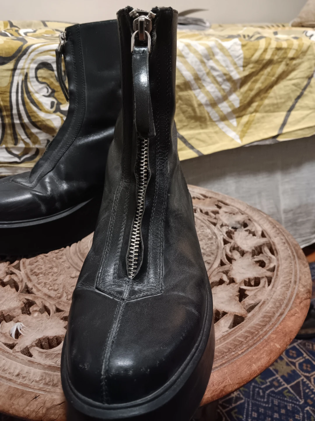 Black Leather Platform Boots with Front Zippers