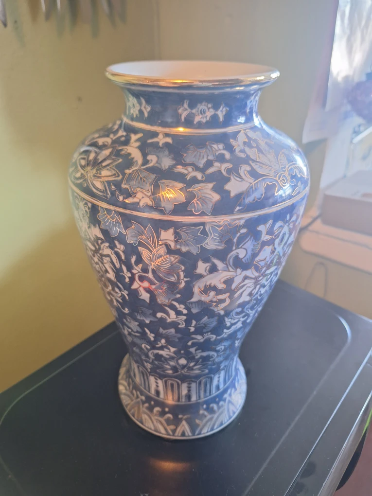 Blue and White Floral Ceramic Vase with Gold Trim - photo 3