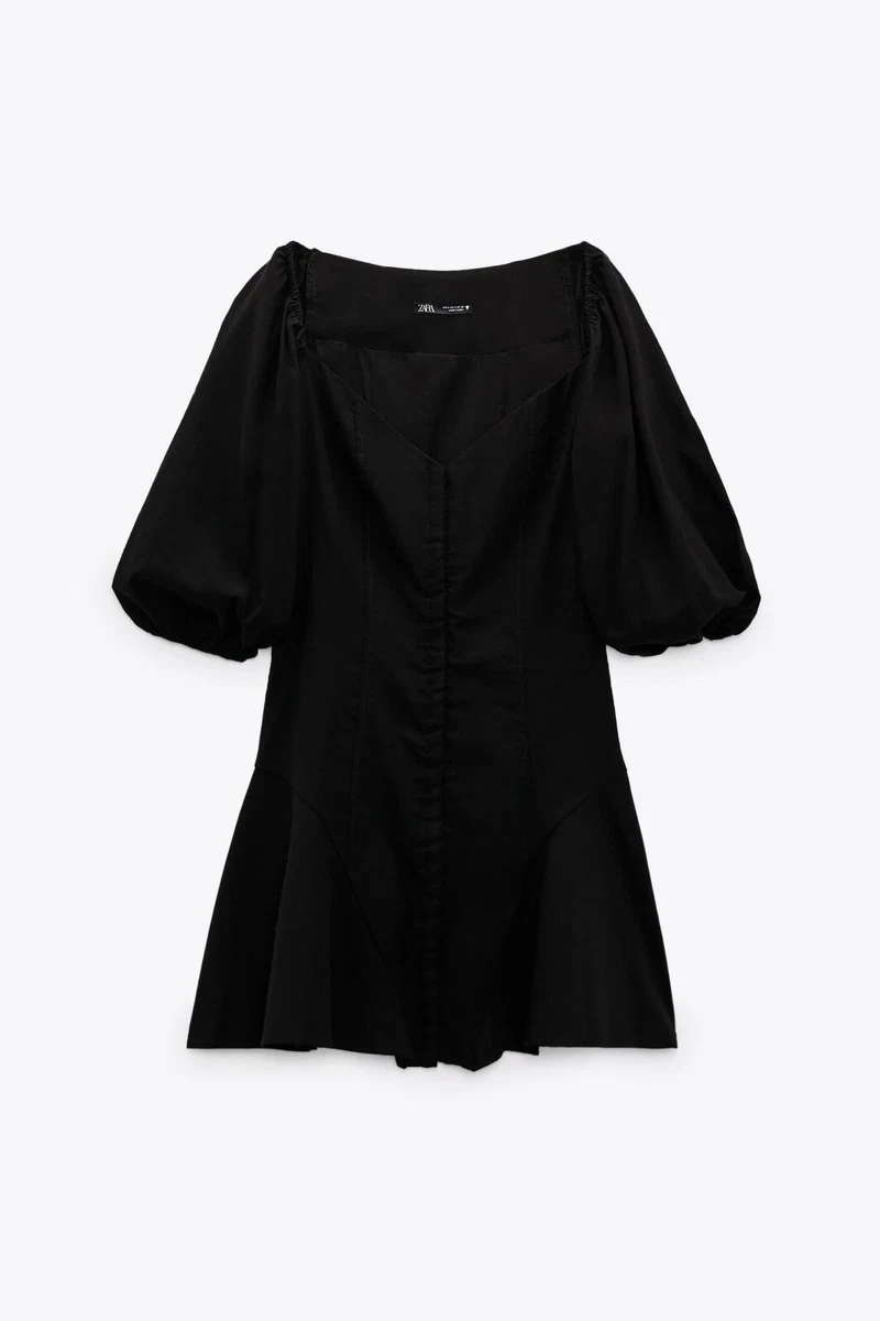 Zara Black Puff Sleeve Square Neck Mini Dress - photo 2