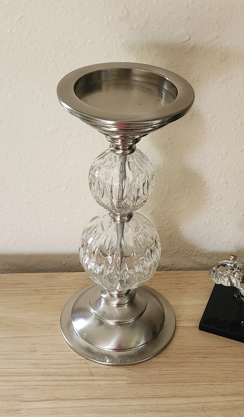 Silver tone and Glass Candlestick Holder