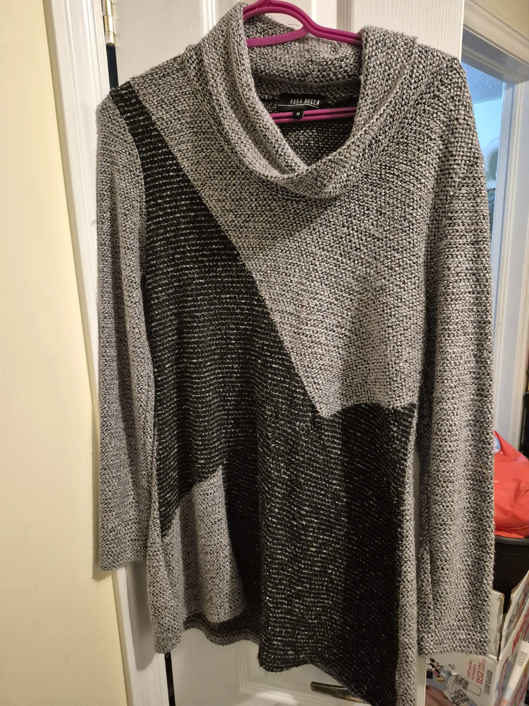 Anna Bella Cowl Neck Tunic Sweater - Grey/Black - Size M