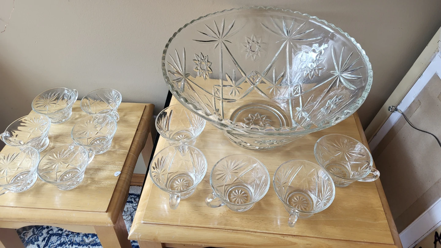 Vintage Glass Punch Bowl Set with 11 Cups