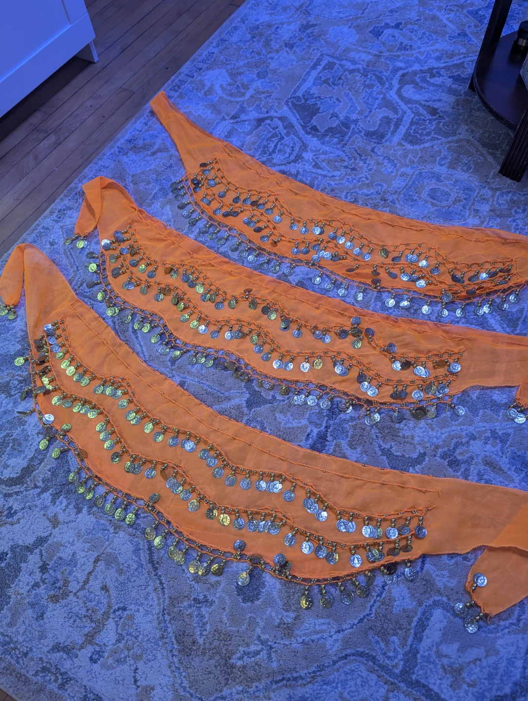 3 Orange Belly Dance Hip Scarf with Coins