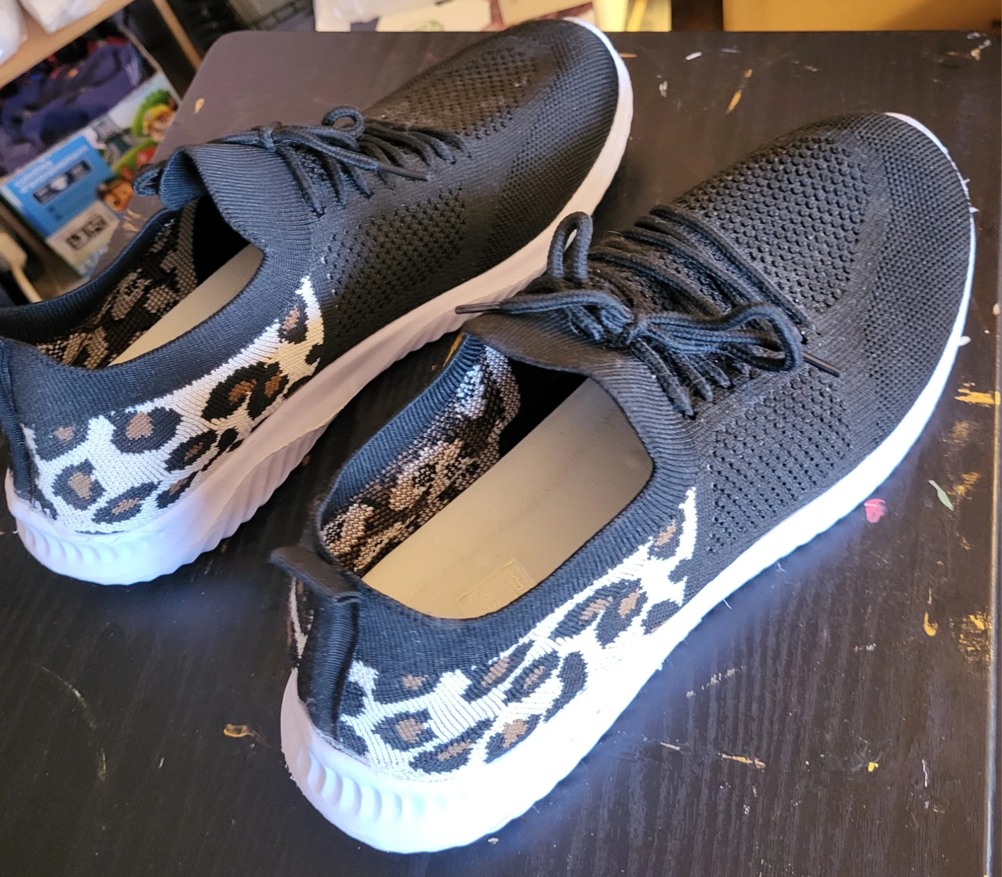 Women's Black Leopard Print Knit Sneakers Size 42 - photo 2