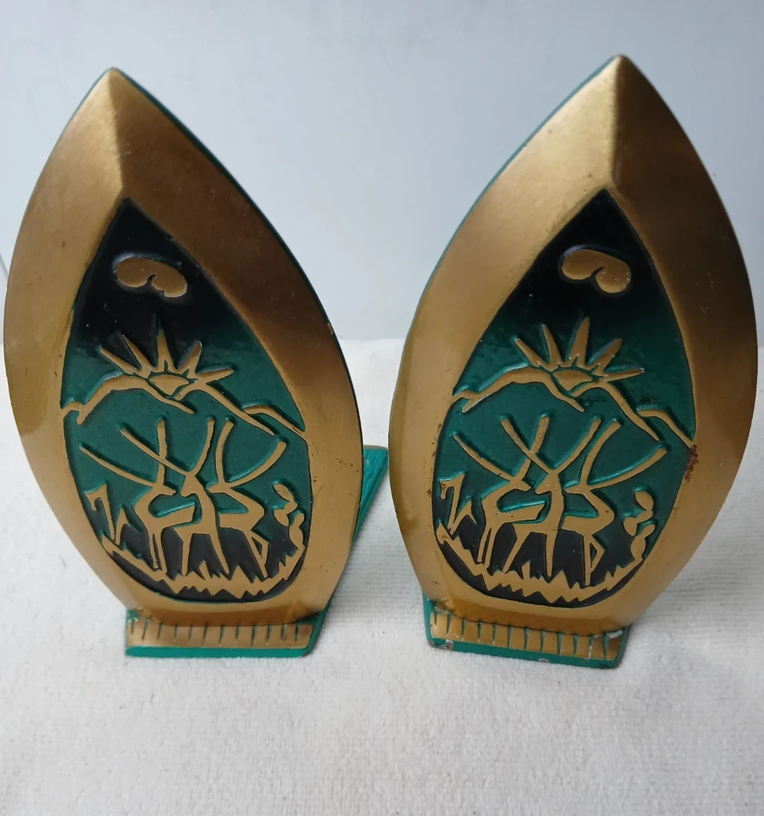 Vintage Decorative Bookends- Green & Gold Deer Design. $25 FIRM.
