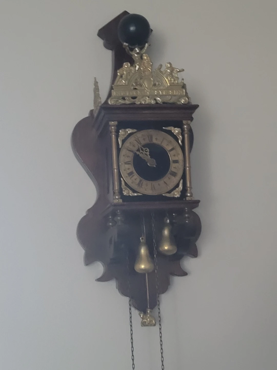 Vintage Wood and Brass Wall Clock with Ornate Details