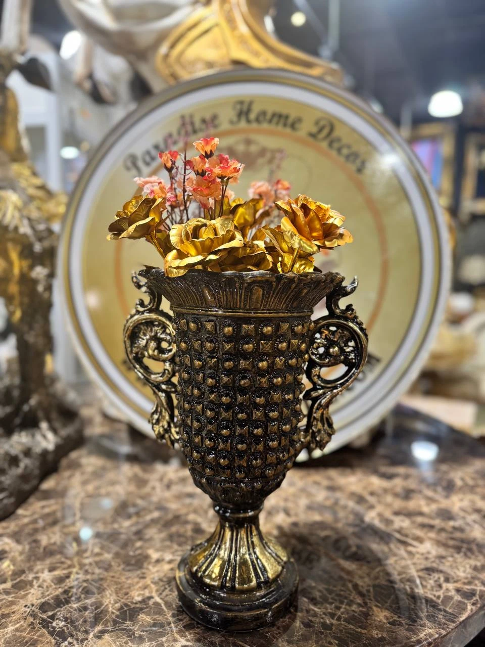 Ornate Gold & Black Decorative Vase with Faux Flowers
