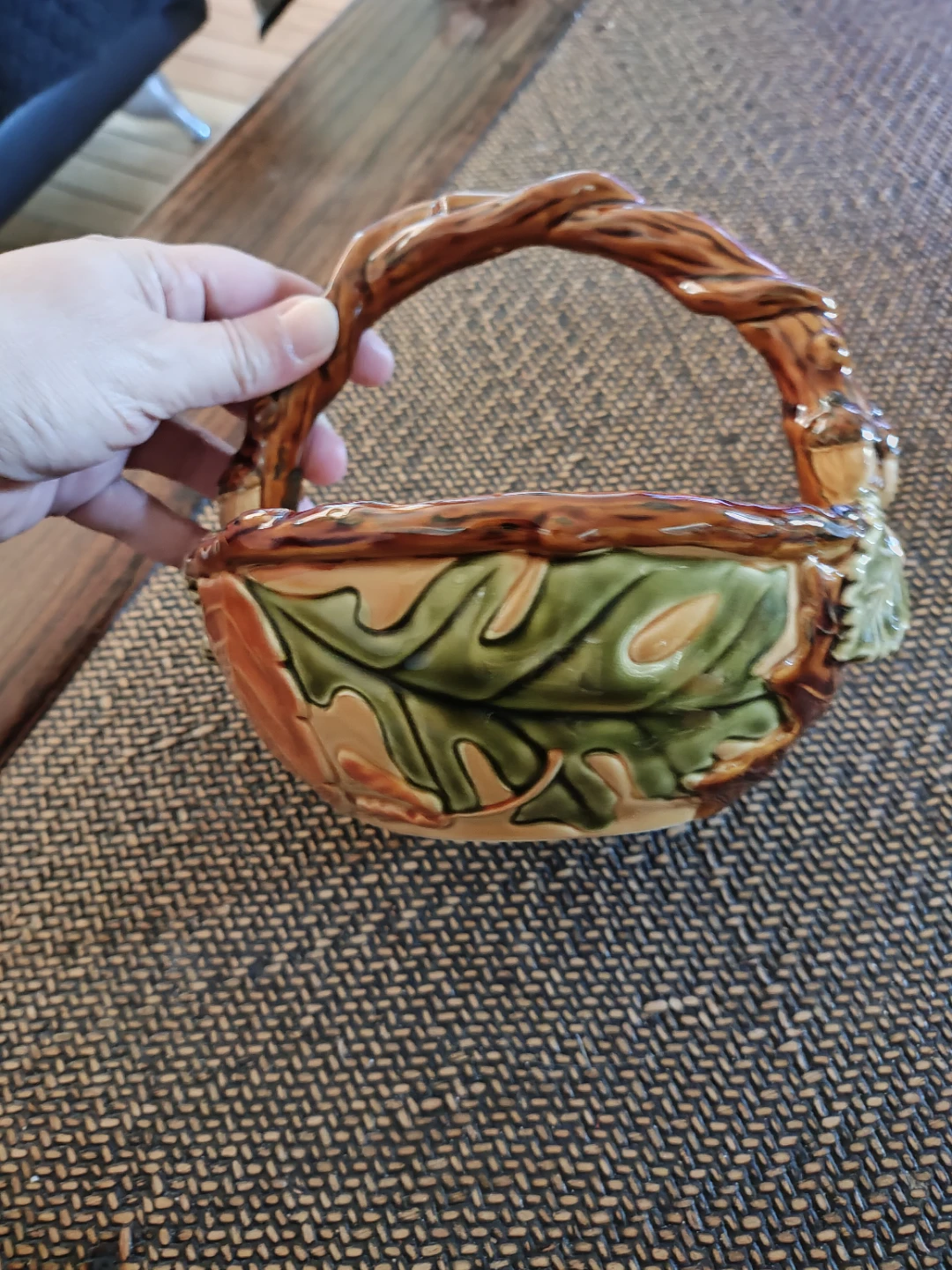 Harvest Ceramic Basket W Handle Fall Leaf Decor