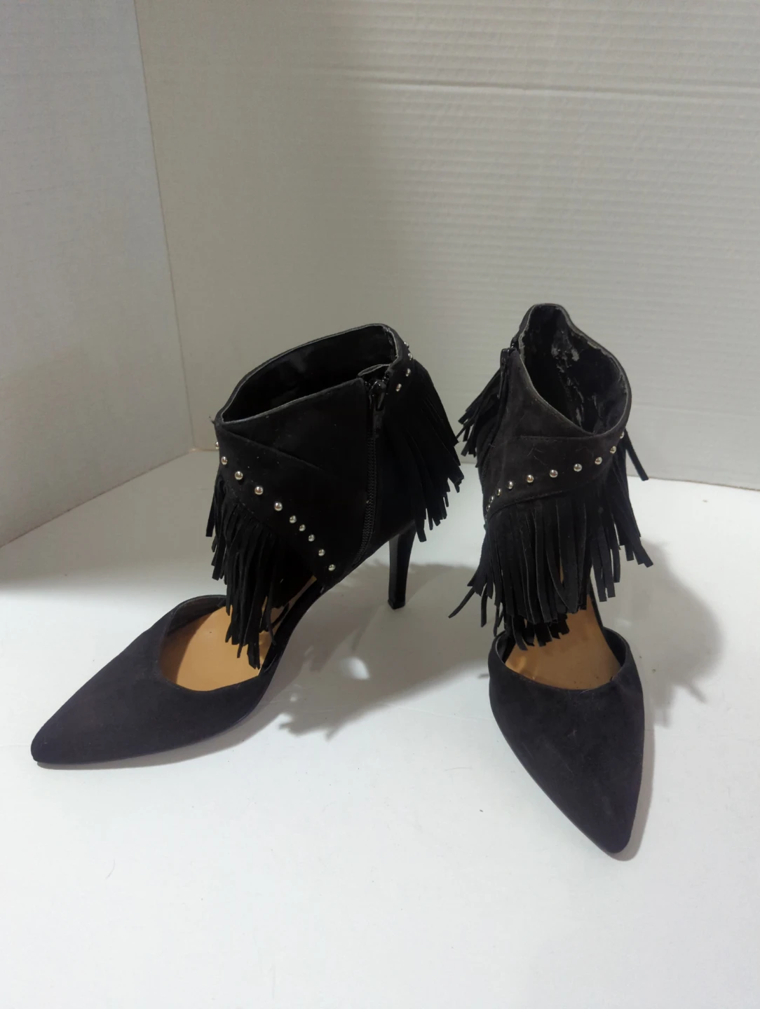 Nine West Black Suede Fringe Studded Heels