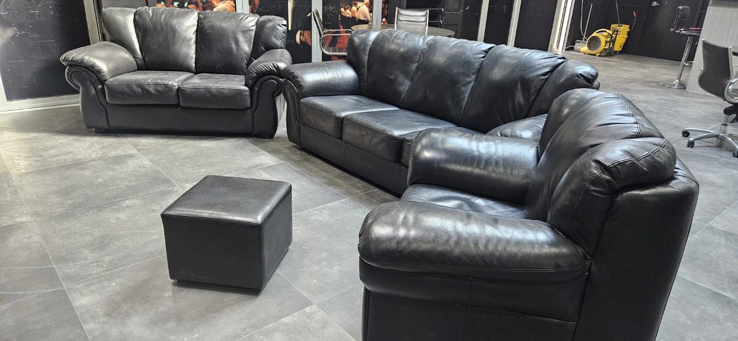 Black Leather Sofa Set with Ottoman