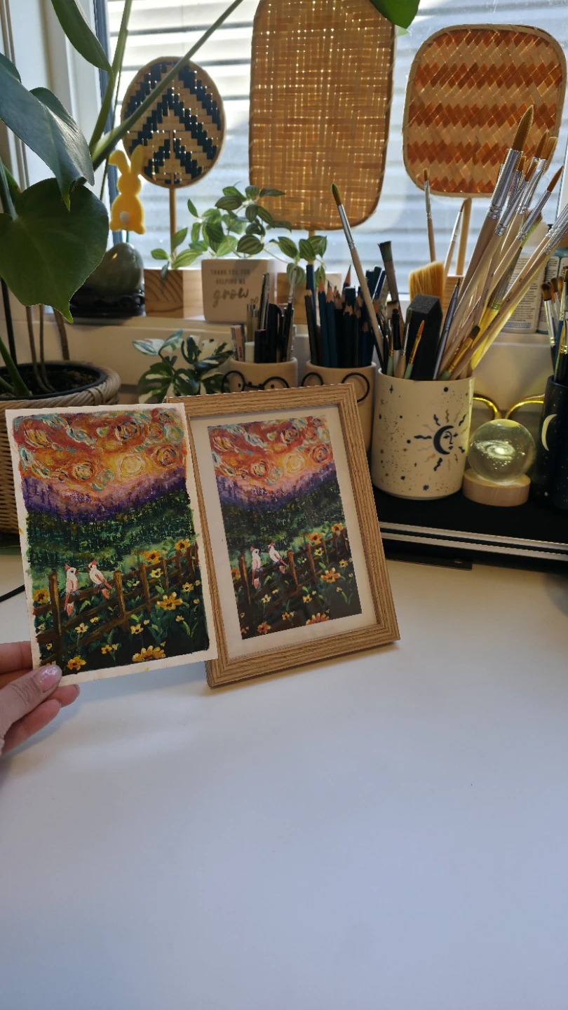 Framed Two Birds and Flowers handmade original painting - photo 3