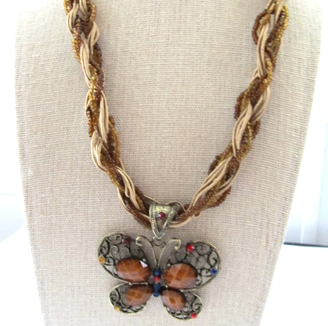 Butterfly Pendant Necklace with Braided Beaded Cord