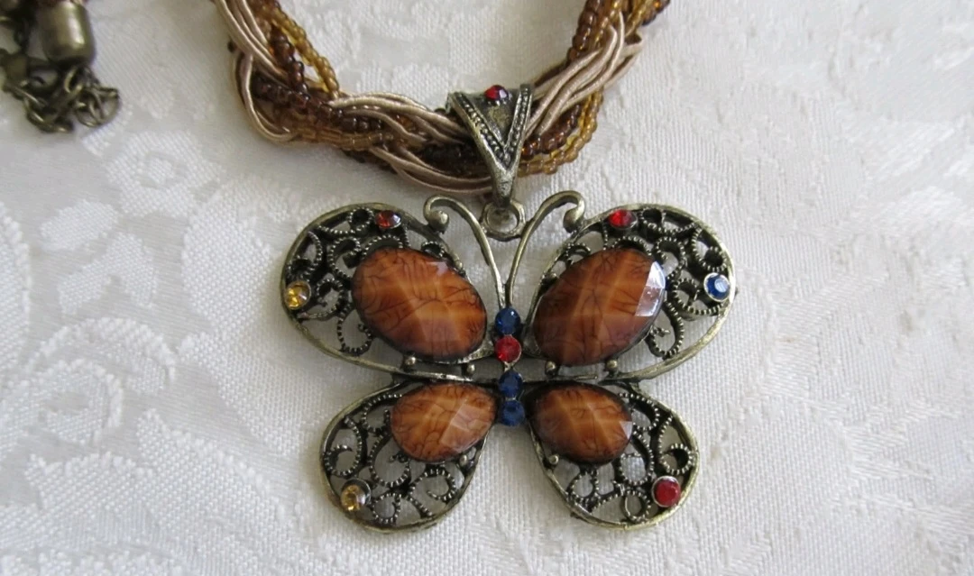 Butterfly Pendant Necklace with Braided Beaded Cord - photo 2