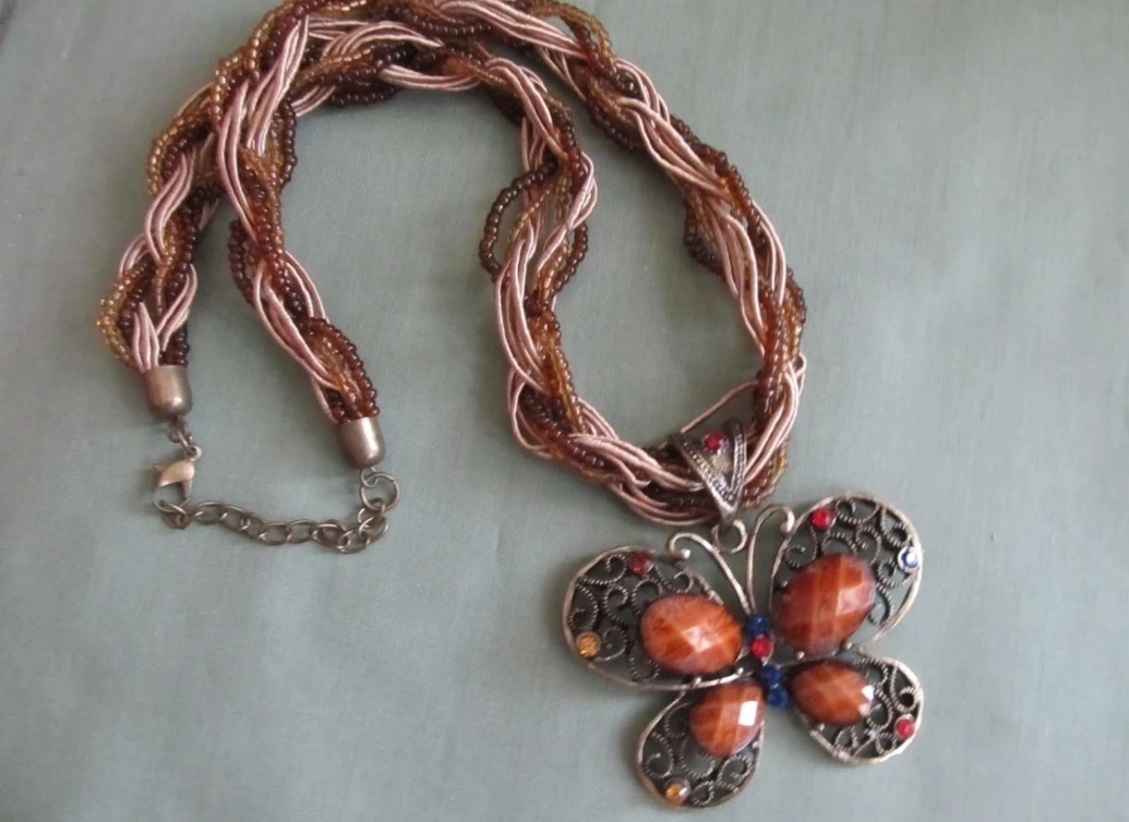 Butterfly Pendant Necklace with Braided Beaded Cord - photo 3