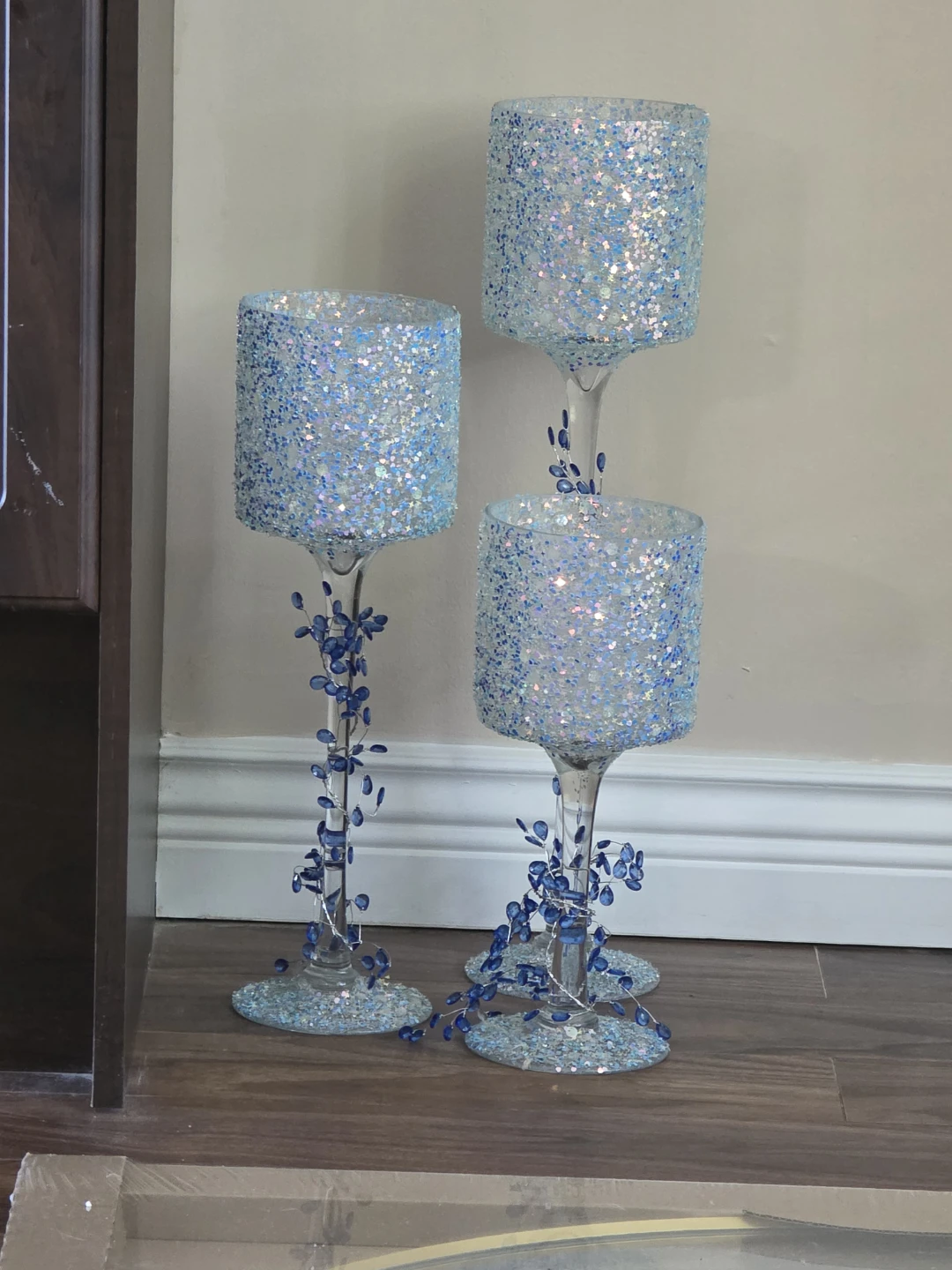 Set of 3 Blue Glitter Stemmed Candle Holders