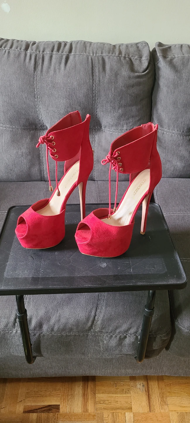 Pepper-Ann Red Suede Peep-Toe Heels - Size US 7.5