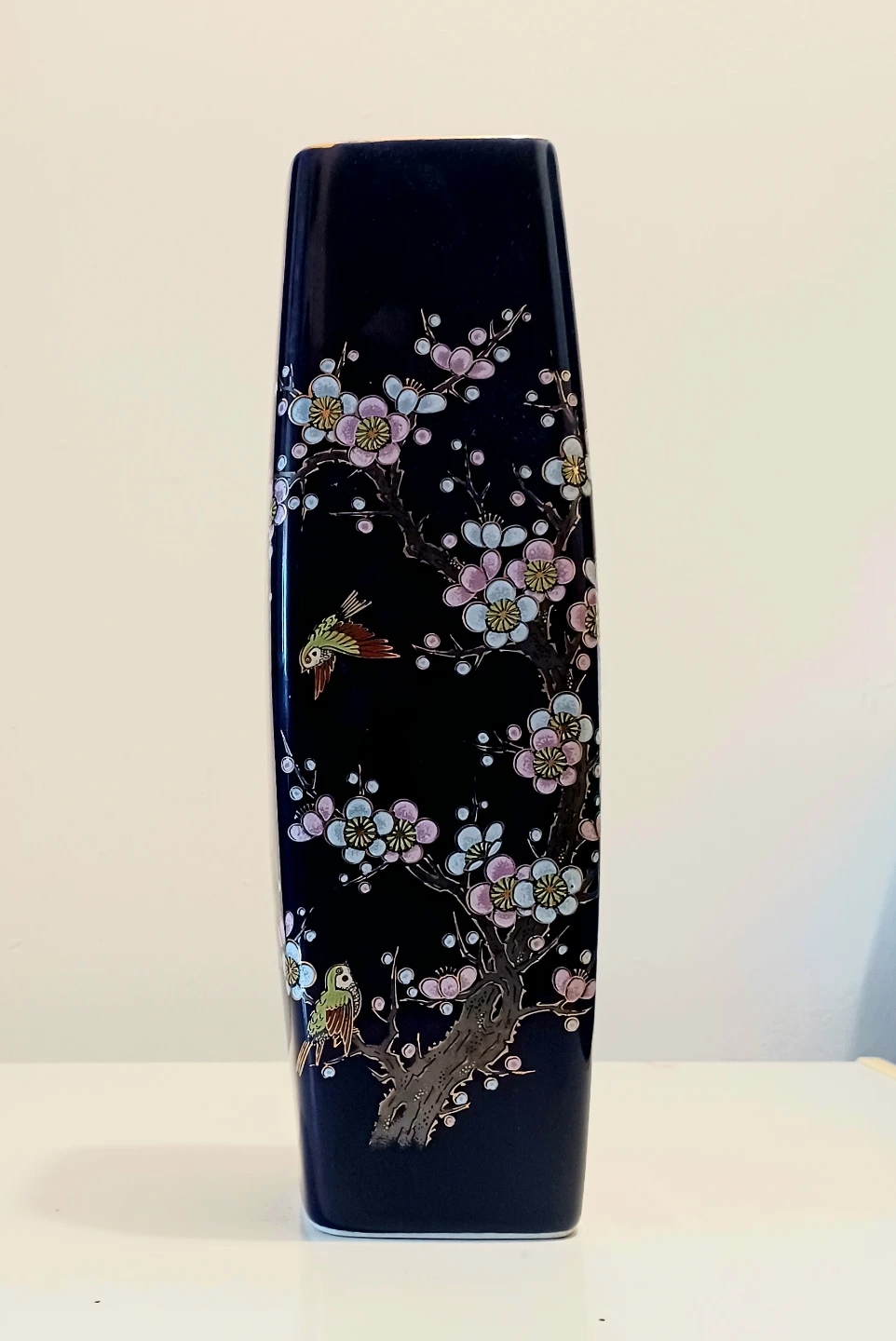 Vtg Handpainted Chinoiserie Cherry Blossoms & Sparrows Vase