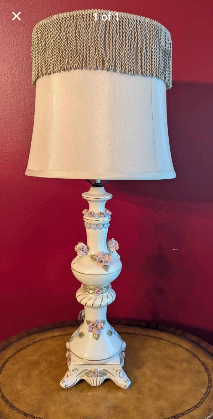 Vintage Porcelain Floral Table Lamp with Tassel Shade