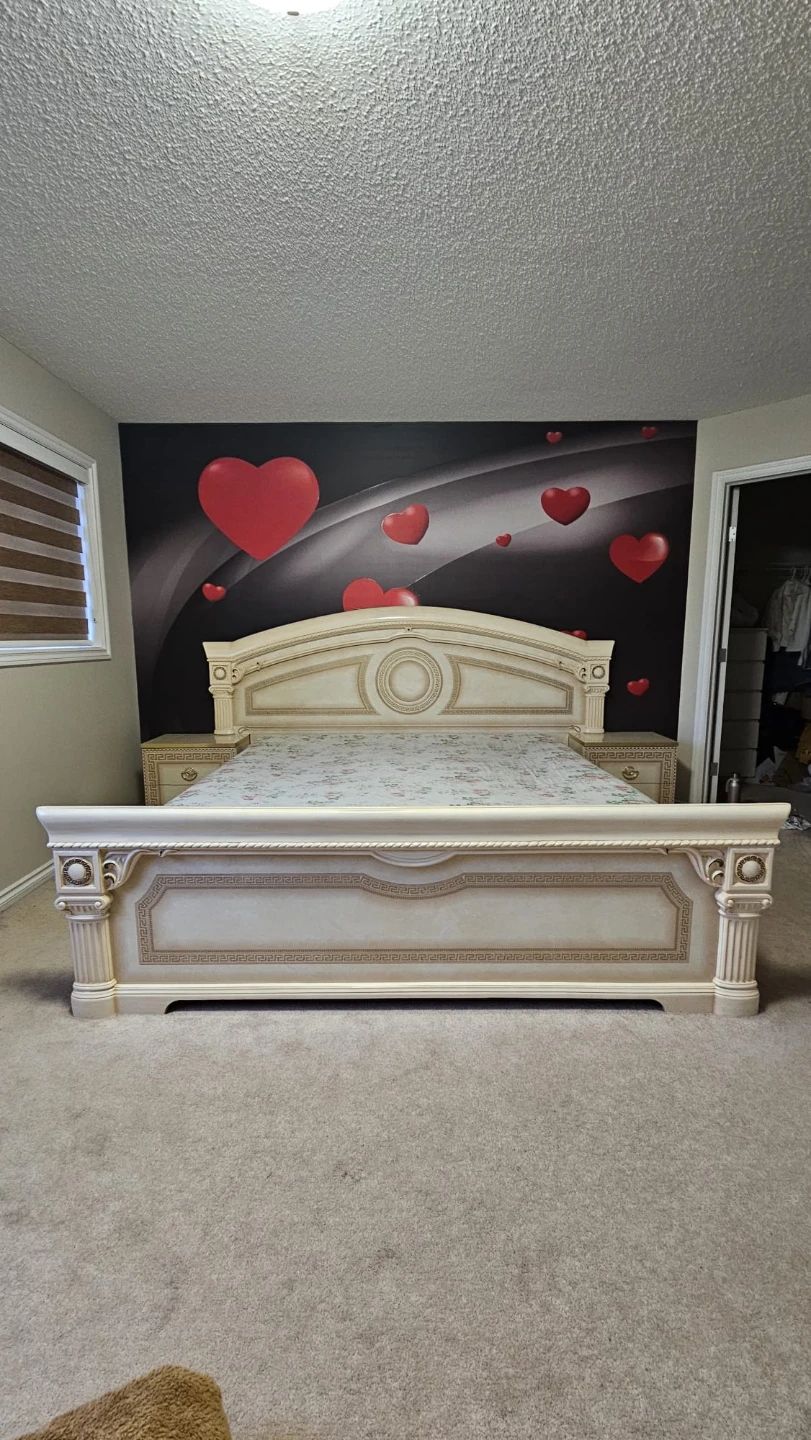 Cream Ornate King Bed Frame with Matching Nightstands