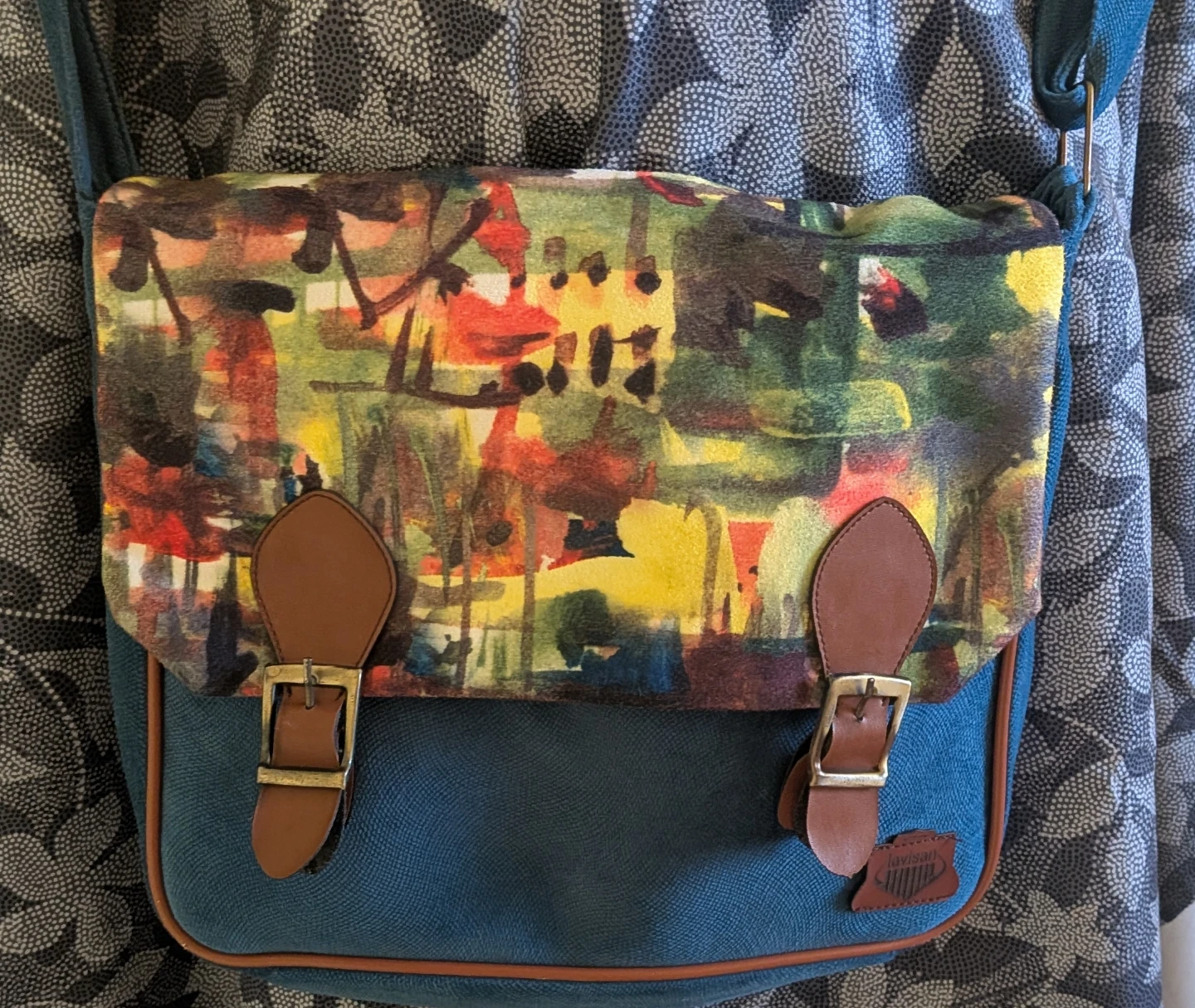 Teal Crossbody Bag with Abstract Print Flap