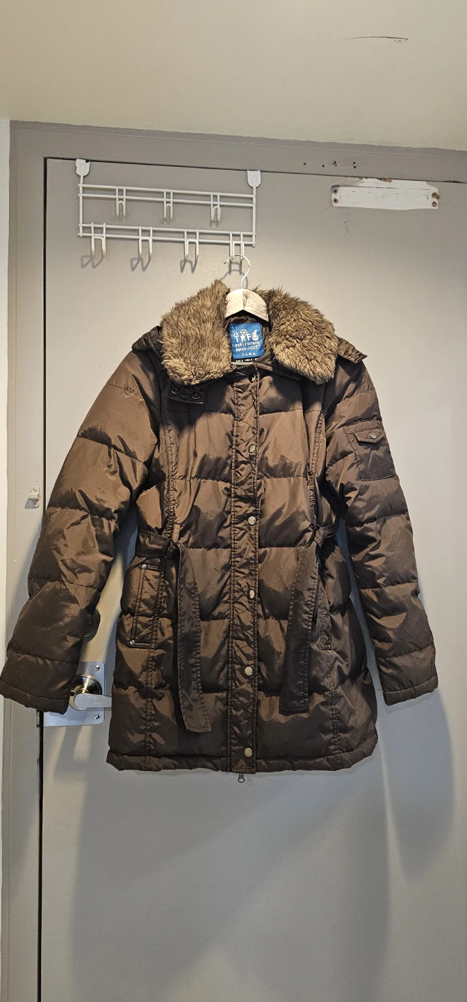 Real Down Jacket with Faux Fur Trim - Brown