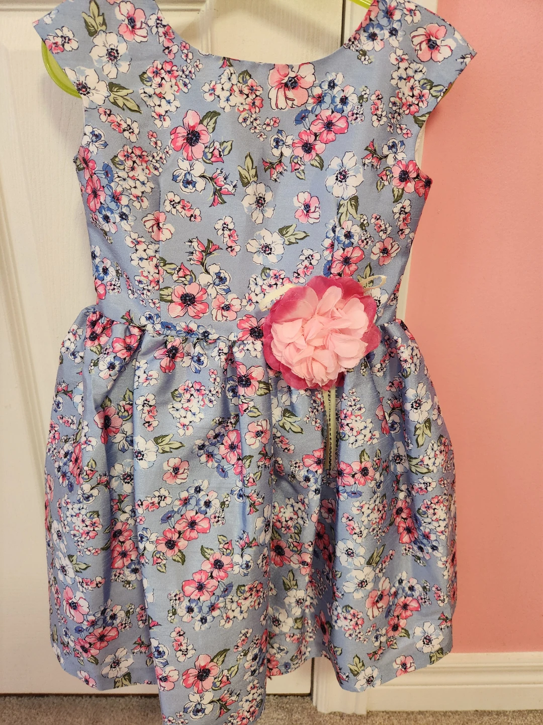 Light Blue Floral Dress with Pink Flower Accent
