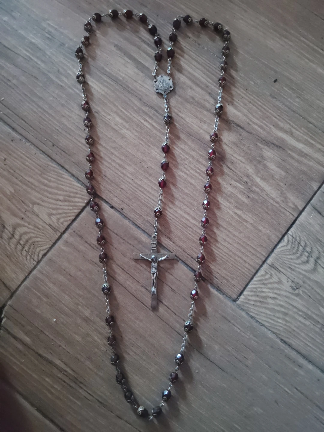 Red Beaded Rosary with Silver Crucifix
